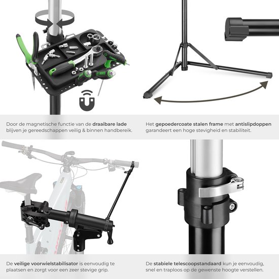 tectake® Fiets Montagestandaard - Fietsenstandaard - Fietslift - E-Bike & Fiets Reparatiestandaard - Geschikt voor alle soorten Fietsframes - Traploos Verstelbaar (106 - 169 cm) en 360° draaibaar - met Magnetische Gereedschapsbak van Tectake — afbeelding 3