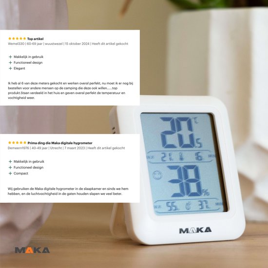 Witte MAKA digitale hygrometer in gebruik, met een duidelijke weergave van 20.5°C en 38% luchtvochtigheid.