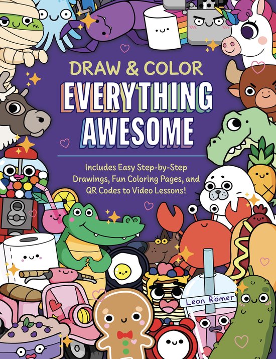 Boek 'Draw & Color Everything Awesome' met illustraties van een krokodil, koekjesmonster, mummy en meer.