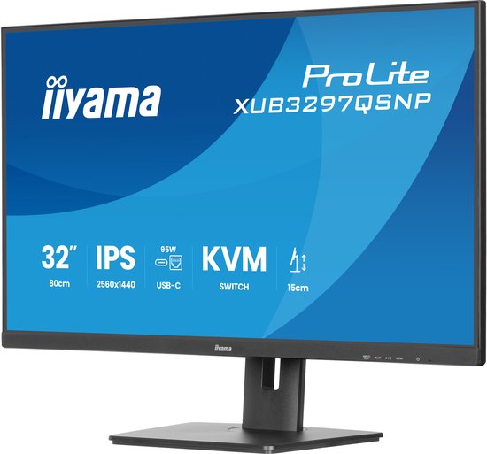 Iiyama ProLite XUB3297QSNP monitor met 32 inch, IPS, 2560x1440, 95W USB-C, KVM Switch en 15cm verstelbare hoogte.