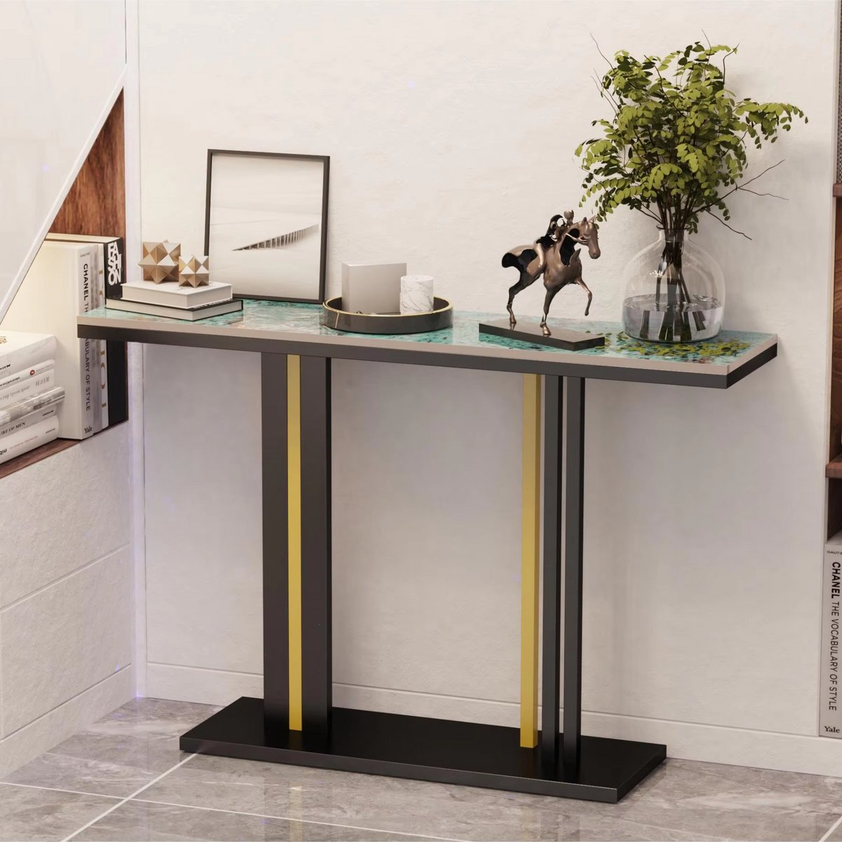 Bolt Edge Moderne consoletafel - Wandtafel met lades - Zwart en wit - Marmerlook - Haltafel - Sidetable - 118cm