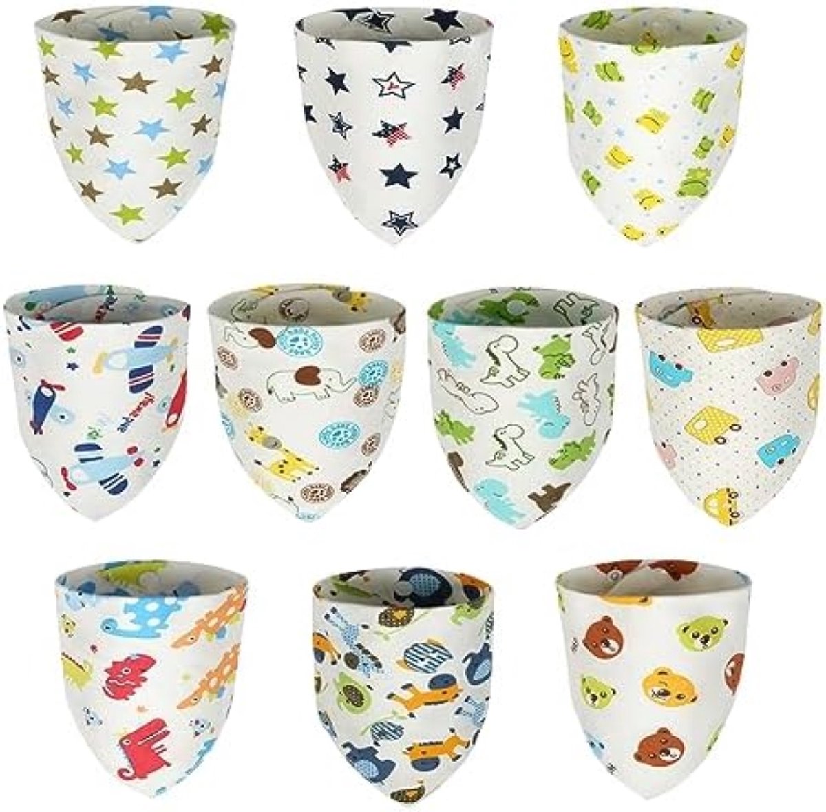 Image of 10 stuks Driehoekige Babyslabbetjes van 100% Biologisch Katoen - Super Absorberend, Zacht en Verstelbaar met 4 Drukknoppen - Geschikt voor Baby Jongens en Meisjes