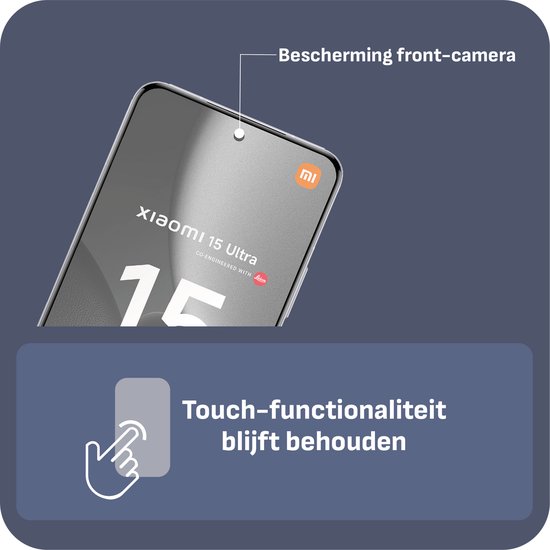 Xiaomi 15 Ultra telefoon met glasbescherming en tekst 'Bescherming front-camera'.