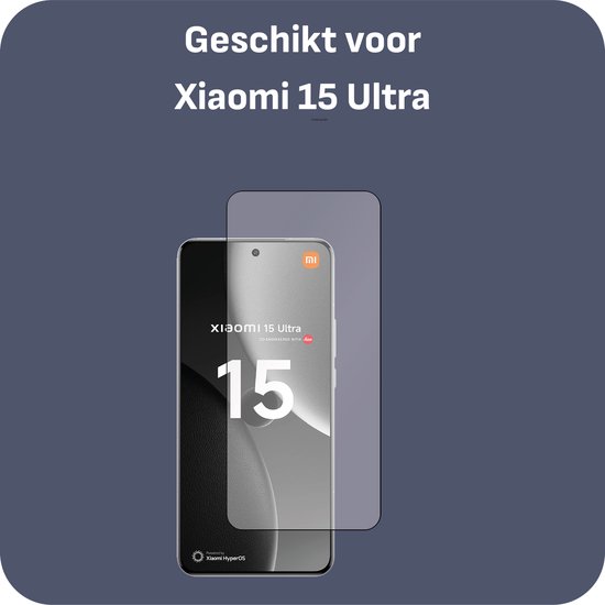 Xiaomi 15 Ultra telefoon met een glasbeschermer die ernaast ligt, tekst 'Geschikt voor Xiaomi 15 Ultra'.