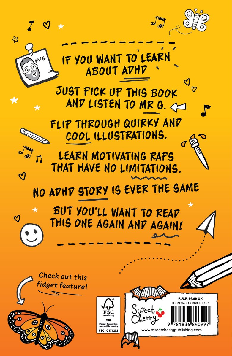 Boek kaft met tekst "IF YOU WANT TO LEARN ABOUT ADHD JUST PICK UP THIS BOOK AND LISTEN TO MR G". Een vlinder en potlood zijn zichtbaar.