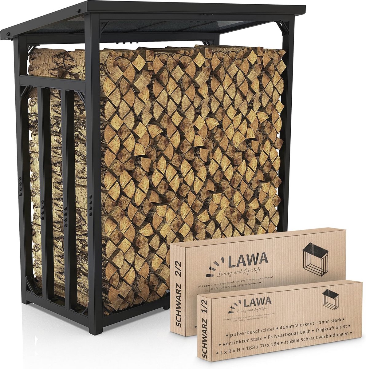 Brandhoutrek voor Buiten met Dak - 188 x 70 x 188 cm - Zwart Staal - Capaciteit Tot 3 Ton