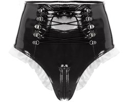 BamBella® Slip Onderbroek - Maat L/XL - Erotische Sexy BDSM Lingerie Dames - Zwart rits ondergoed Datex mix latex en stof wetlook open kruis