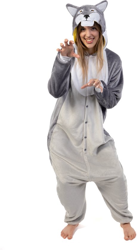 KIMU® Onesie Grijze Wolf Pak - Maat L-XL - Wolvenpak Kostuum Grijs Husky Pak - Jumpsuit Huispak Pyjama Hond Dames Heren Overall Fleece Festival