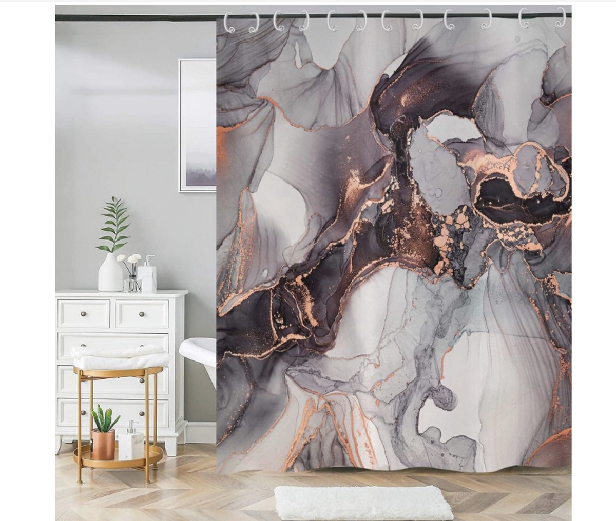 WNHB® Douchegordijn Extra Lang 180x220 cm - Waterdicht en Wasbaar Polyester - Abstract Grijs Goud Design voor Badkuip of Inloopdouche