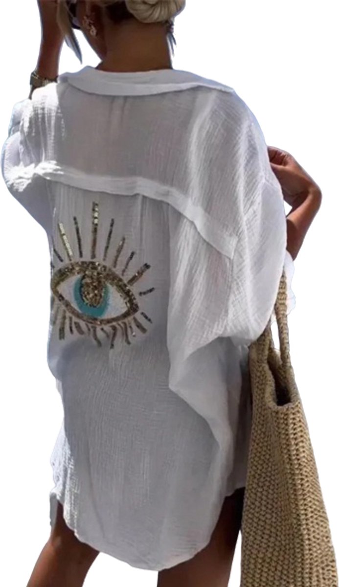 "Evil Eye" Oversized Dames Blouse - Zomer - Overhemd -Wit