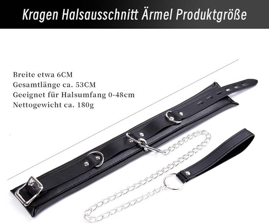 Zwart kunstleren halsband met ketting. Breedte 6cm, lengte 53cm, voor nekomtrek 0-48cm.