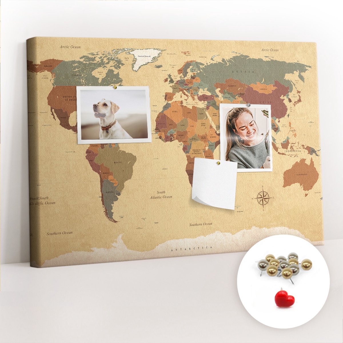 Tulup Prikbord - Vintage wereldkaart Kurk Bedrukken - 60 cm x 40 cm - Veelkleurig Prikbord - Metalen Pinnen - Prikbord Van Kurk - Kurkbord Organizer - Kurk Prikbord - Esthetisch Prikbord - Kurkbord Met Print