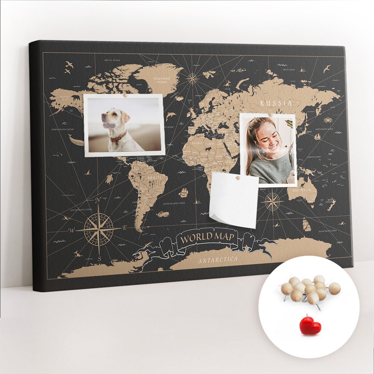 Tulup Prikbord - Vintage wereldkaart Memobord Van Kurk - 60 cm x 40 cm - Grijs Prikbord - Houten Pinnen - Kurk Prikbord - Kurkbord Voor Thuis - Kurk Bedrukken - Esthetisch Prikbord - Kurkbord Met Print