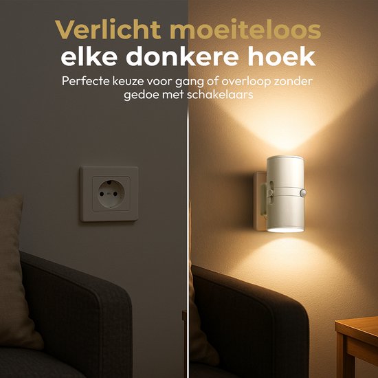 Wit nachtlampje dat een donkere hoek verlicht, met bewegingssensor.
