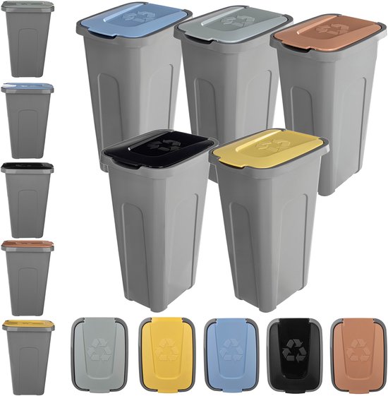Kadax Afvalemmer, met deksel en handvat, van plastic, vuilnisemmer, voor afvalscheiding, rechthoekig, met klapdeksel, geel, 6 l