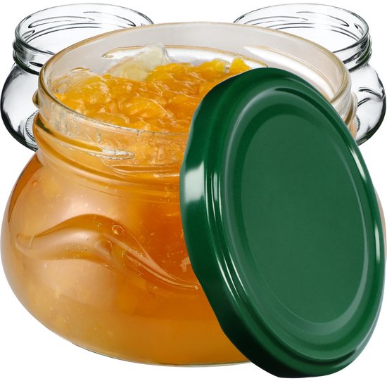 Glazen weckpot gevuld met jam en een groen deksel.