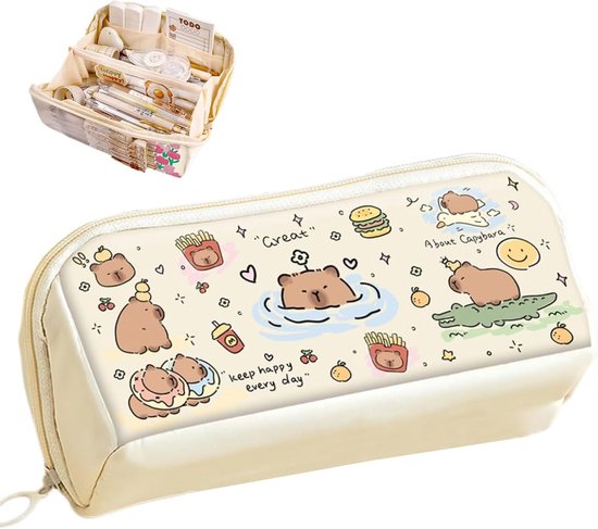 Trousse à crayons à imprimé Capybara - Multicouche - Grande capacité - Trousse pour Filles - Fournitures scolaires - Set de papeterie - Cadeau pour adolescentes - Multicolore - XL