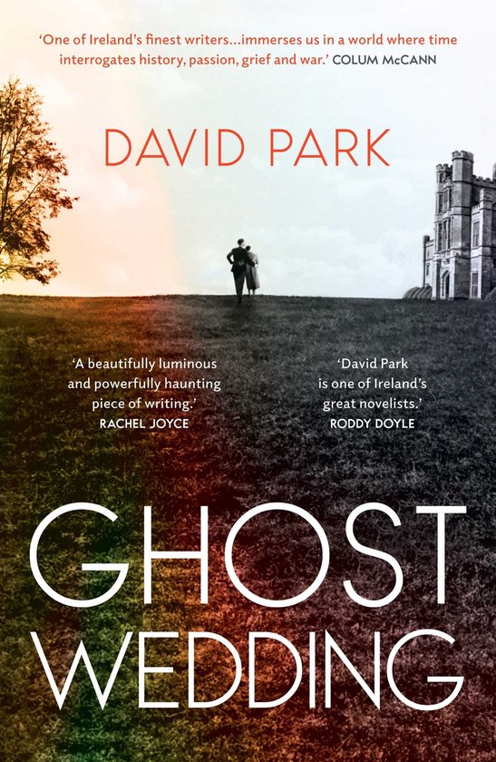 Boek 'Ghost Wedding' van David Park. Op de cover, een paar met rug naar de kijker in de verte, tegen de achtergrond van een kasteel en een glooiende heuvel.