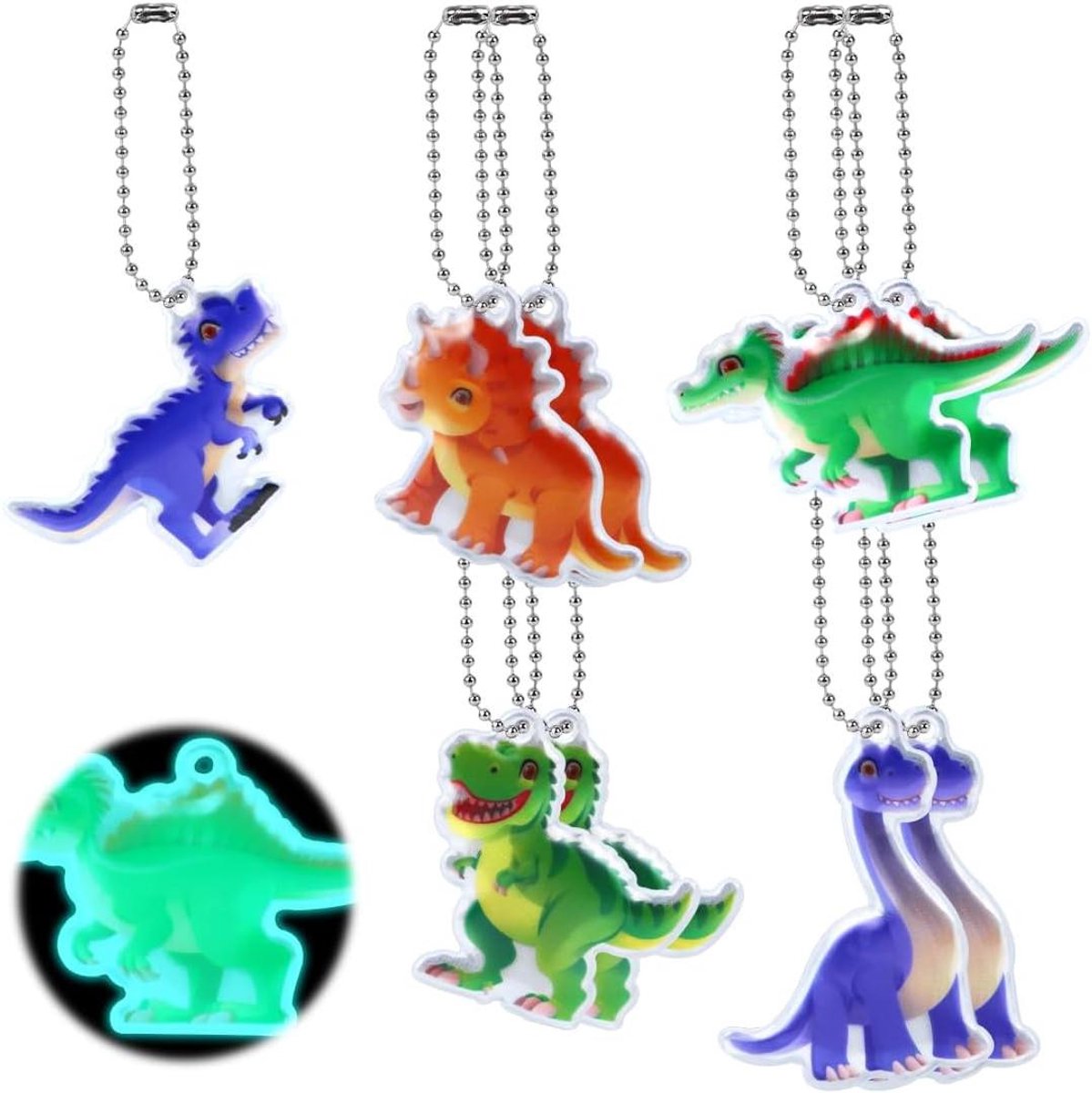 Allecto Plus - 10 stuks dinosaurus-reflectorhangers voor kinderen - veiligheidsreflector - schooltas - jongens - reflectorhanger