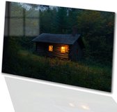 Rustieke blokhut in het bos - Cabin glas schilderij - Muurdecoratie glas architectuur - Realisme kunststroming - Kunst op acrylaat - Schilderij in glas look - acrylglas 120x80 cm