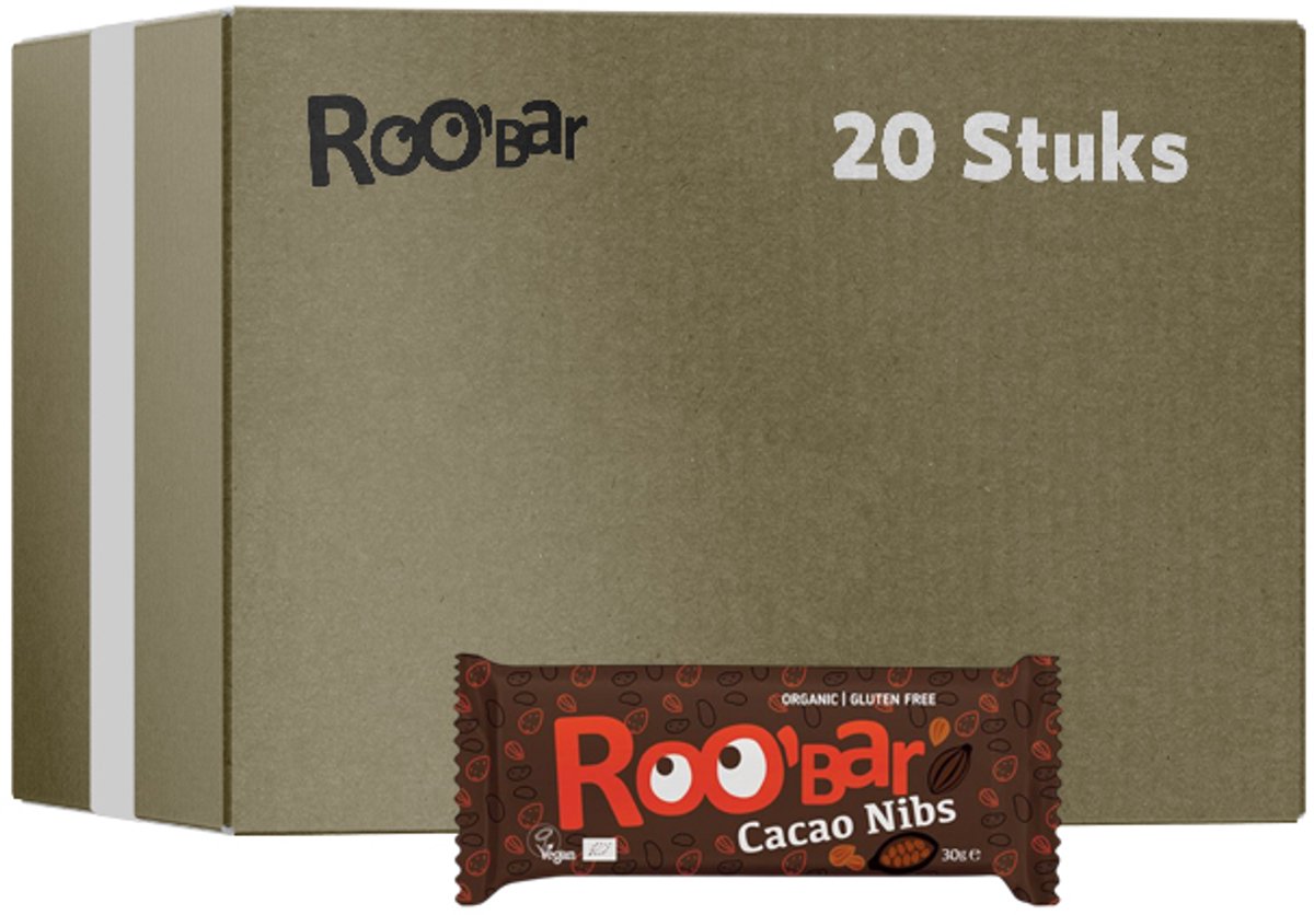 Roo'Bar | Cacao Nibs Bar | 20 stuks | 20 x 30 gram