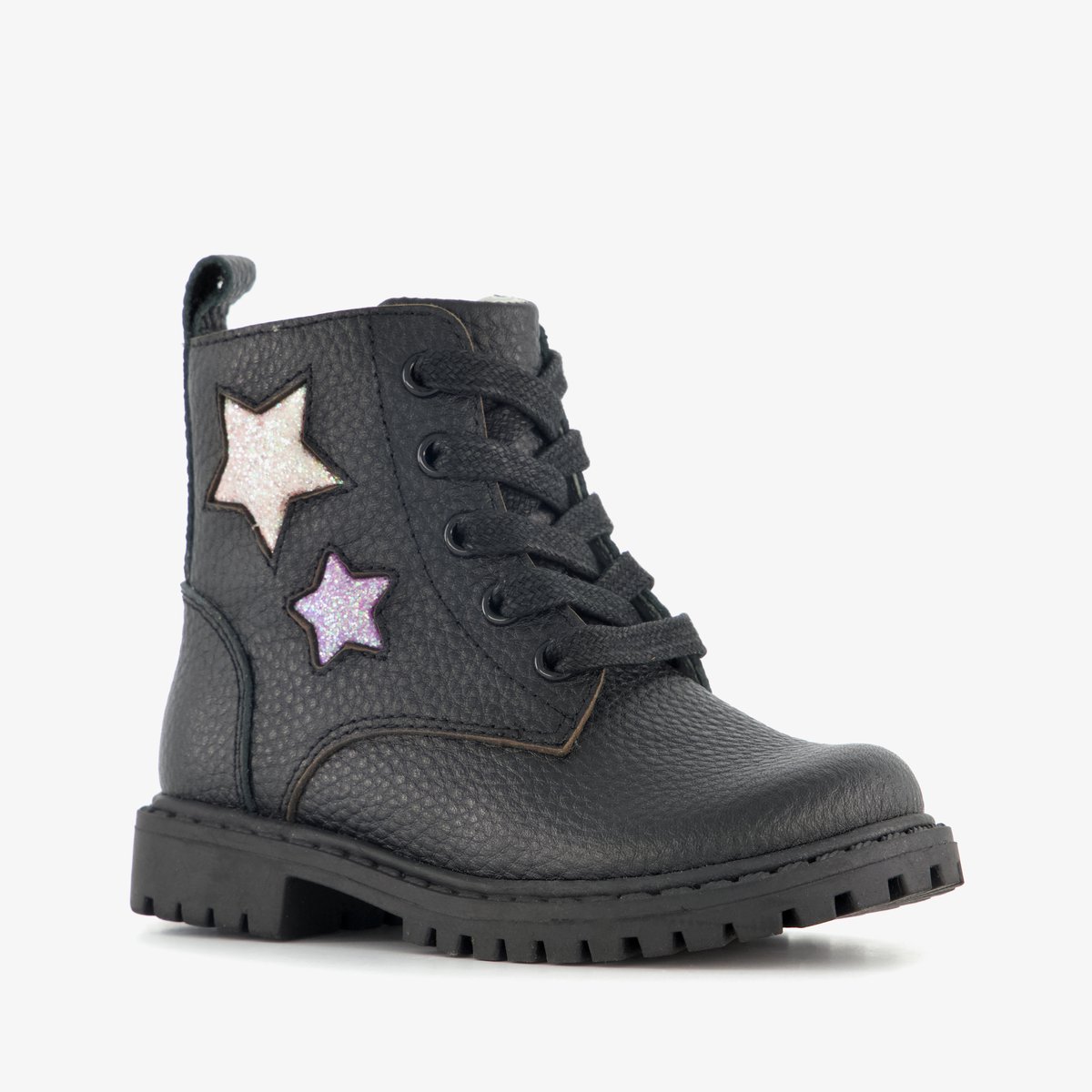 Stap leren meisjes veterboots met sterren zwart - Maat 20