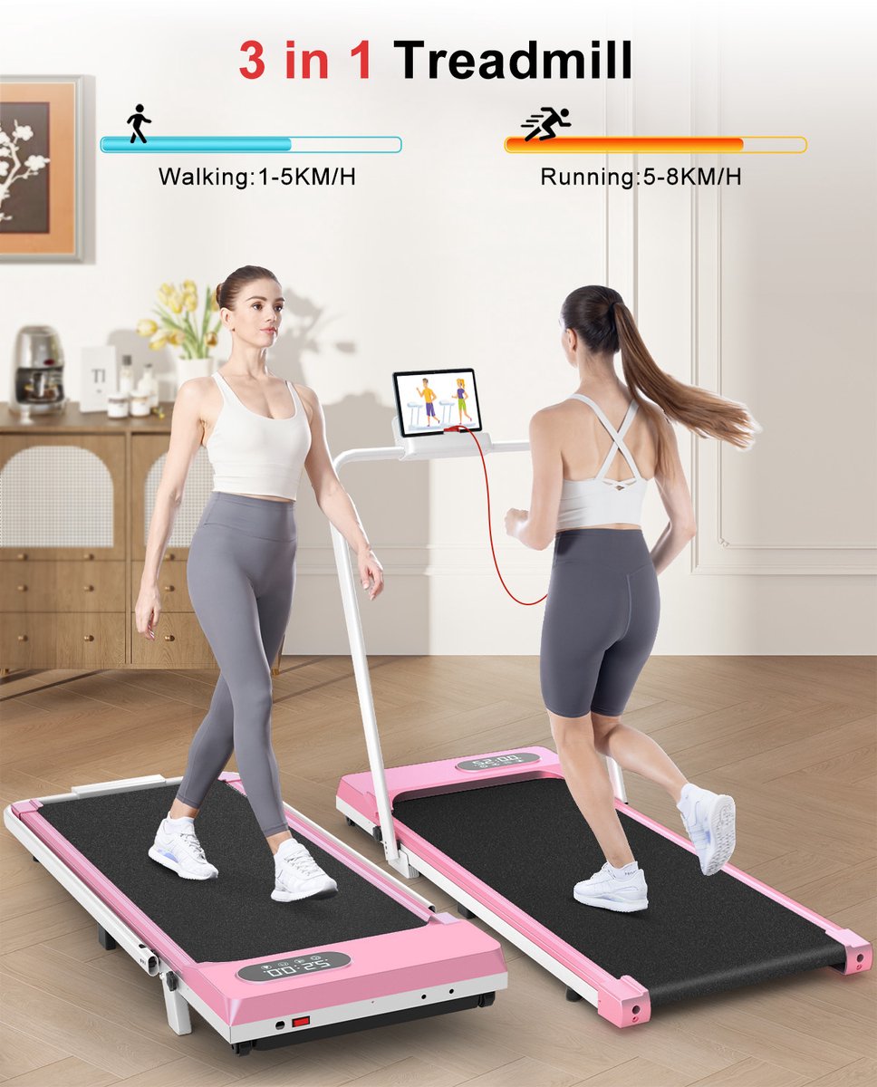 Afbeelding 3 van 3 in 1 Opvouwbare Loopband - Loopband met 7% helling - Wandelpad 1-8 km/u verstelbaar - 2,5 pk motor - Oppervlak 38,5 x 94 cm - Roze
