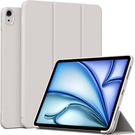Étui gris pour iPad debout avec l'iPad en mode visualisation, montrant l'arrière et les côtés.