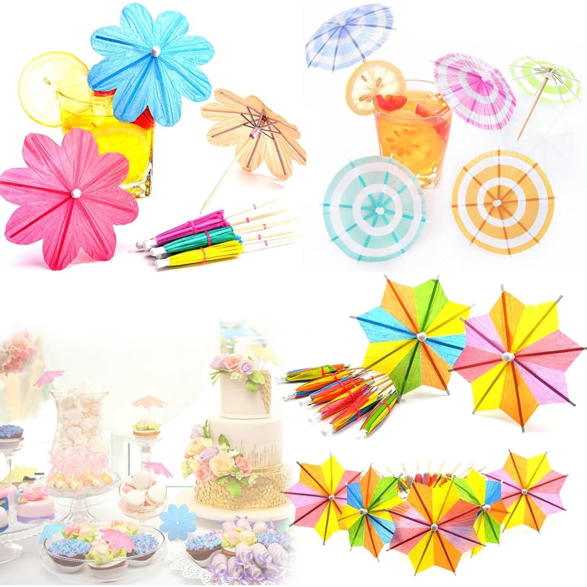 TOVBMUP 90 stuks - Decoratieve parapluprikkers - Cocktaildecoraties - Cocktailparaplu's - Geschikt voor fruit, dessertdecoratie, cocktaildecoratie, feestdecoratie - Drie vormen