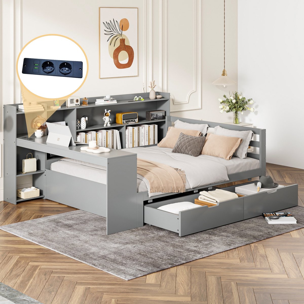 Sweiko Slaapbank - 140 x 200 cm - met Bureau - Boekenrek - Oplaadfunctie - 2 lades - Grijs