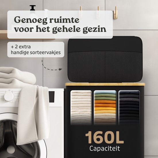 Binnenzijde van de zwarte wasmand met deksel open, die de drie sorteervakken toont. Capaciteit van 160L.