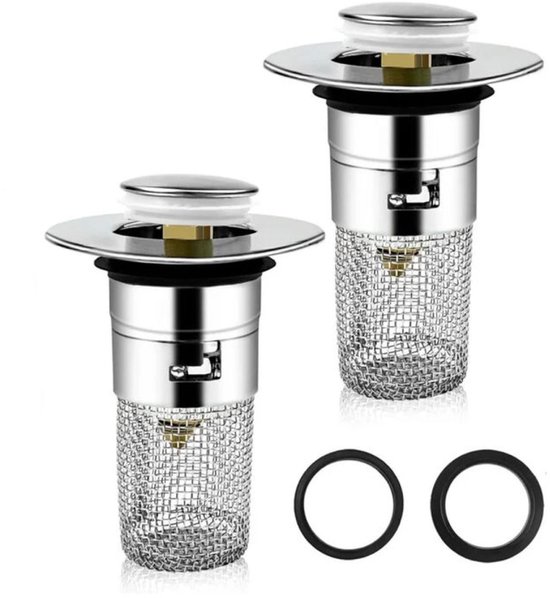 Bächlein Pop Up universele wastafelstop, verchroomd afvoerfilter voor wastafels, 40 mm, ventieldop met haarzeef