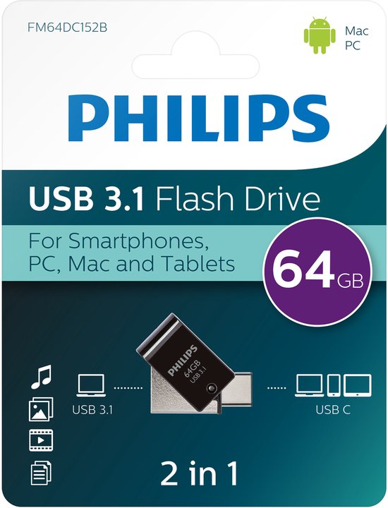 Philips FM64DC152B - USB 3.1 2 en 1 / USB C 64 Go