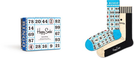 Happy Socks cadeauverpakking en bingokaart-sokken in blauw, wit en zwart.