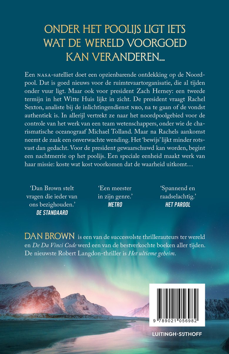 Achterkant van een boek met de titel 'Onder het poolijs ligt iets wat de wereld voorgoed kan veranderen...'. Op de achtergrond een poollandschap met aurora borealis.