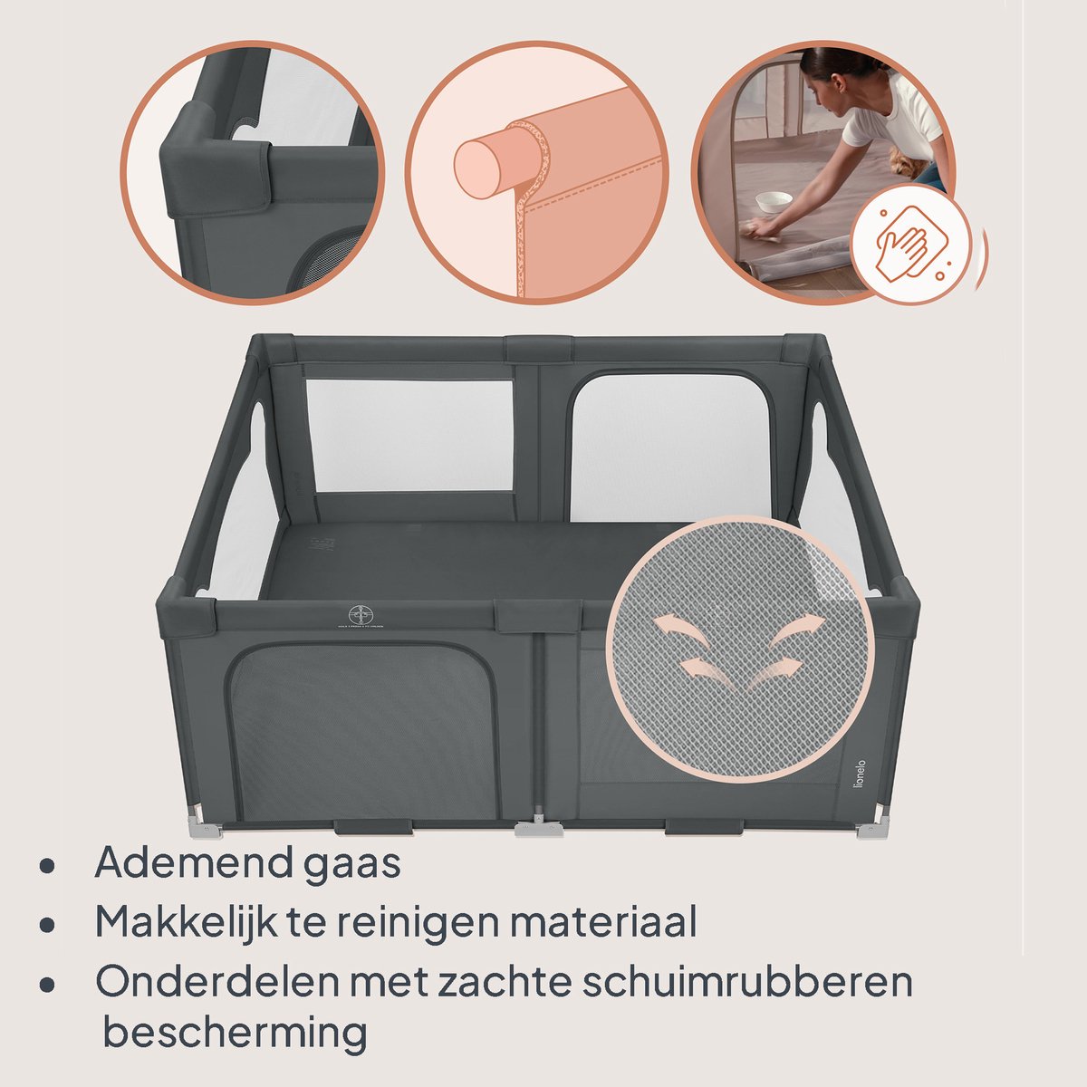 Lionelo Florence Easy Fold Grondbox / Baby Box – Zeer Snel Inklapbaar – 150x180 cm – voor Thuis en Tuin – 0-48 maanden – Veilige kinderbox – Draagtas – Compact na Inklappen – Speelbox met Ademend Gaas – 2 Zij-ingangen met rits – foto 3