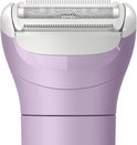 Paarse lady shaver, close-up van het scheerhoofd.