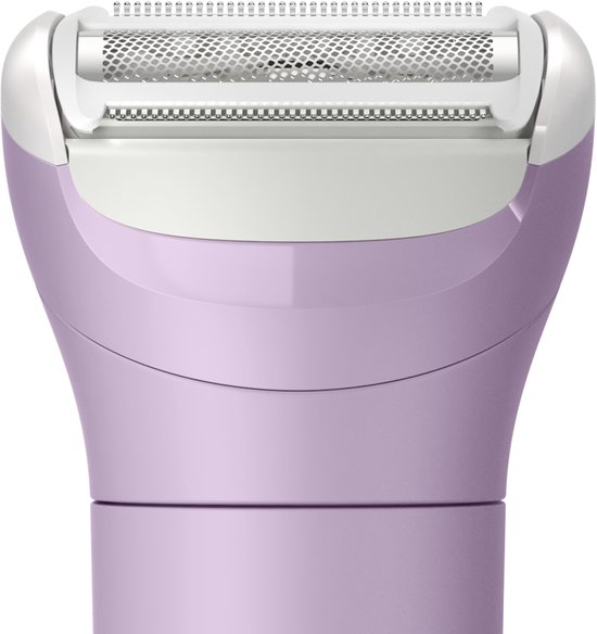 Paarse lady shaver, close-up van het scheerhoofd.