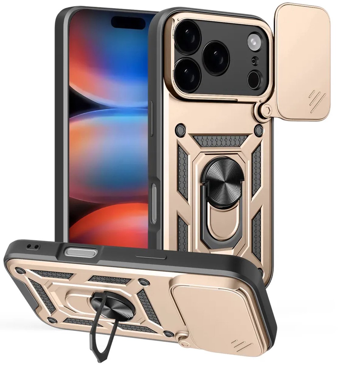 MobyDefend Hoesje - Geschikt voor iPhone 17 Pro - Pantsercase Met Draaibare Ring - Goud