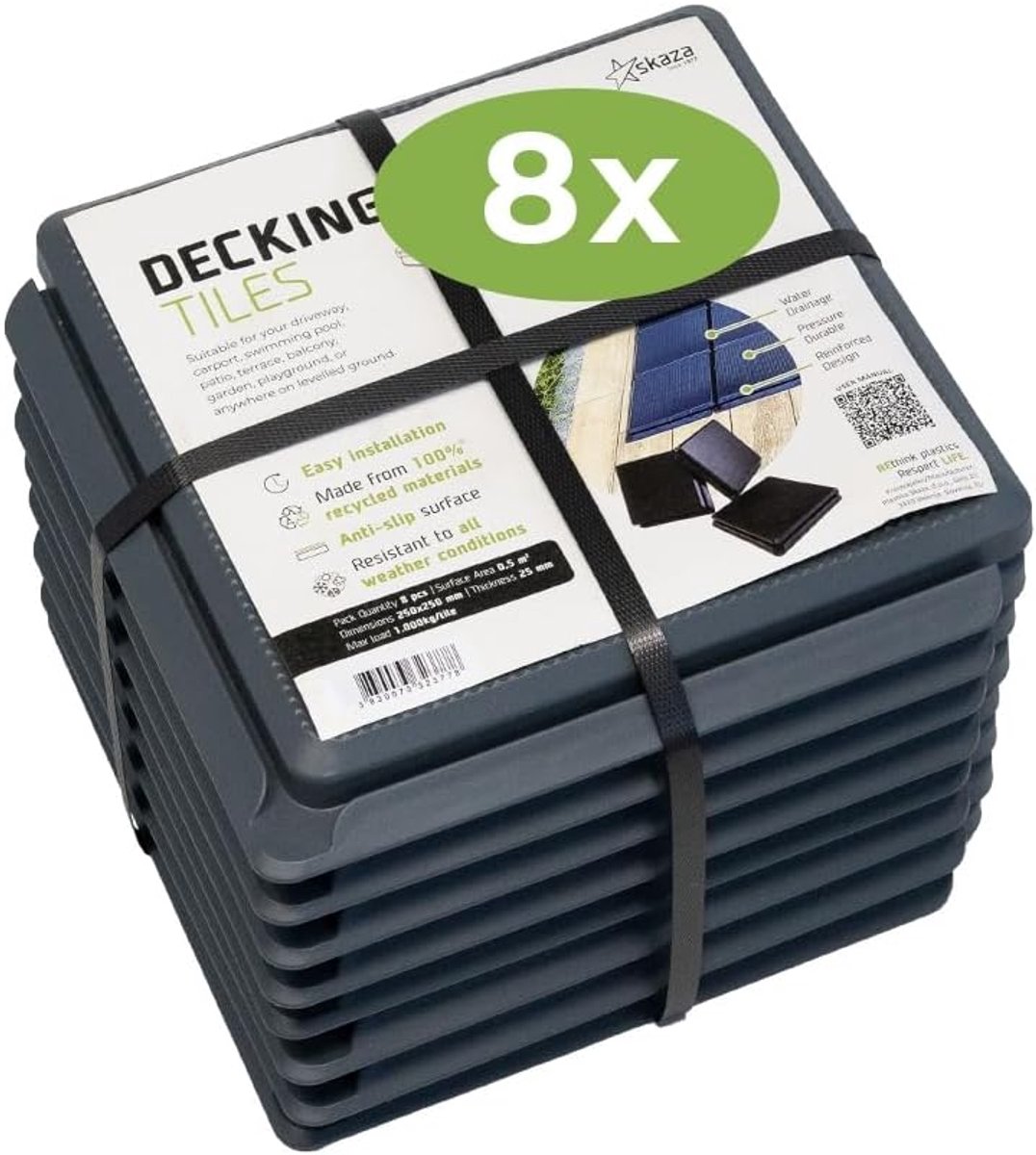 Skaza Balkonvloeren - Buitenterrastegels met kliksysteem, Weerbestendige balkontegels - 25 x 25 cm, 0,5 m² 8 tegels - Draagvermogen tot 1000 kg, Modulair & Slipvast - 100% Gerecycled - Antraciet