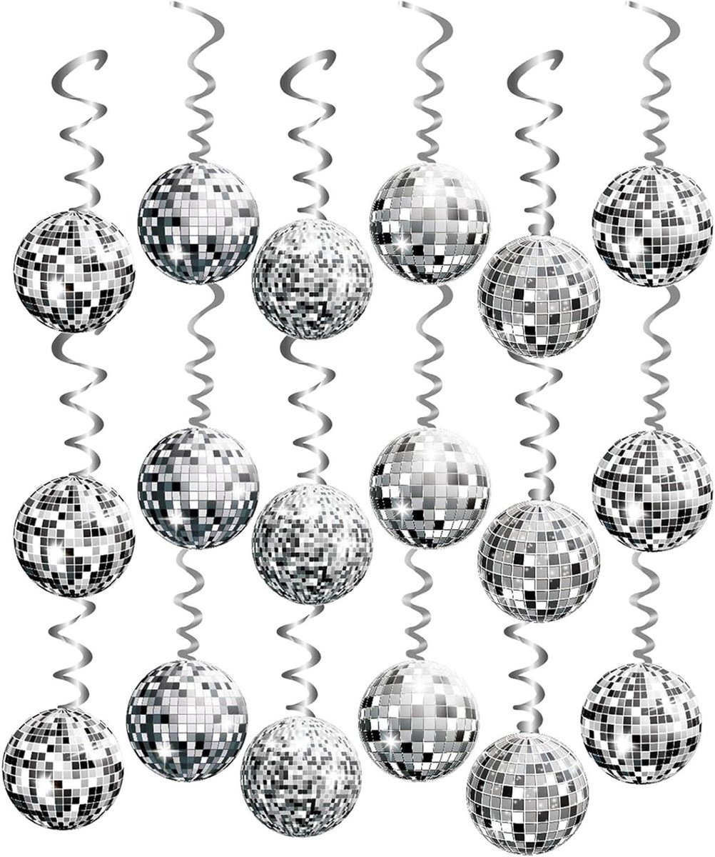 Glitter disco bal decoraties - 36 stuks zilveren folie wervelingen voor 70s 80s feestje