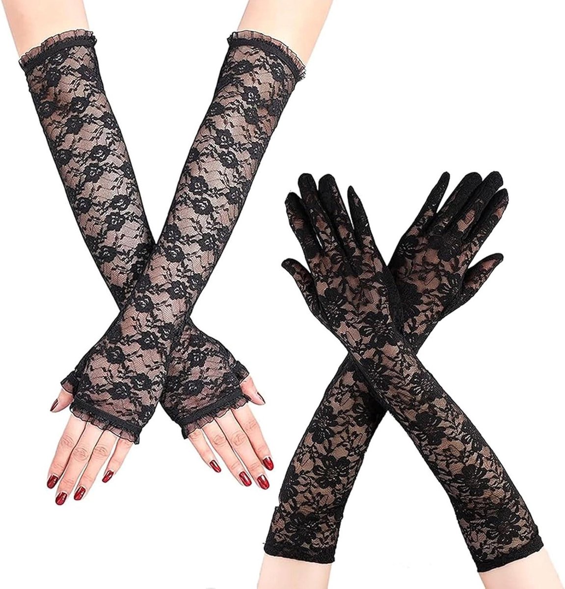 Elegante zwarte kanten handschoenen - Vingerloos en ellebooglengte voor feesten en bruiloften
