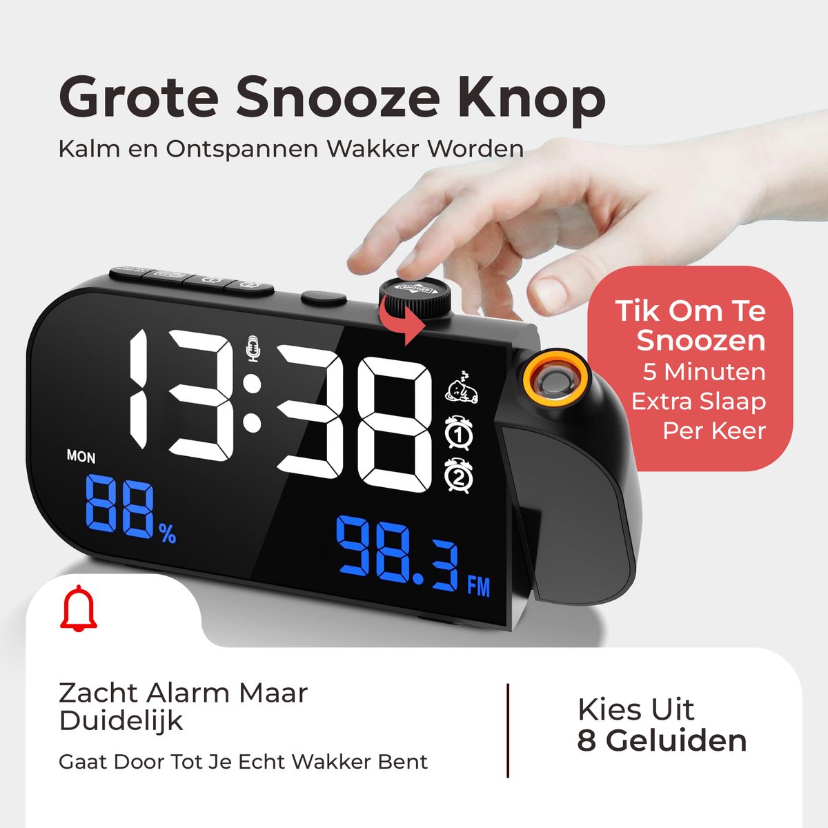 TM&DY - Digitale Wekkerradio met Projectie - Met Spraakbesturing, FM, Temperatuur & Luchtvochtigheid – Dimbaar LED Display & Dubbele Alarmfunctie - Wekkers Digitaal - Wekker met Projectie op Plafond - Projectiewekker - Projectieklok — cadeau in Elektronica - foto 3