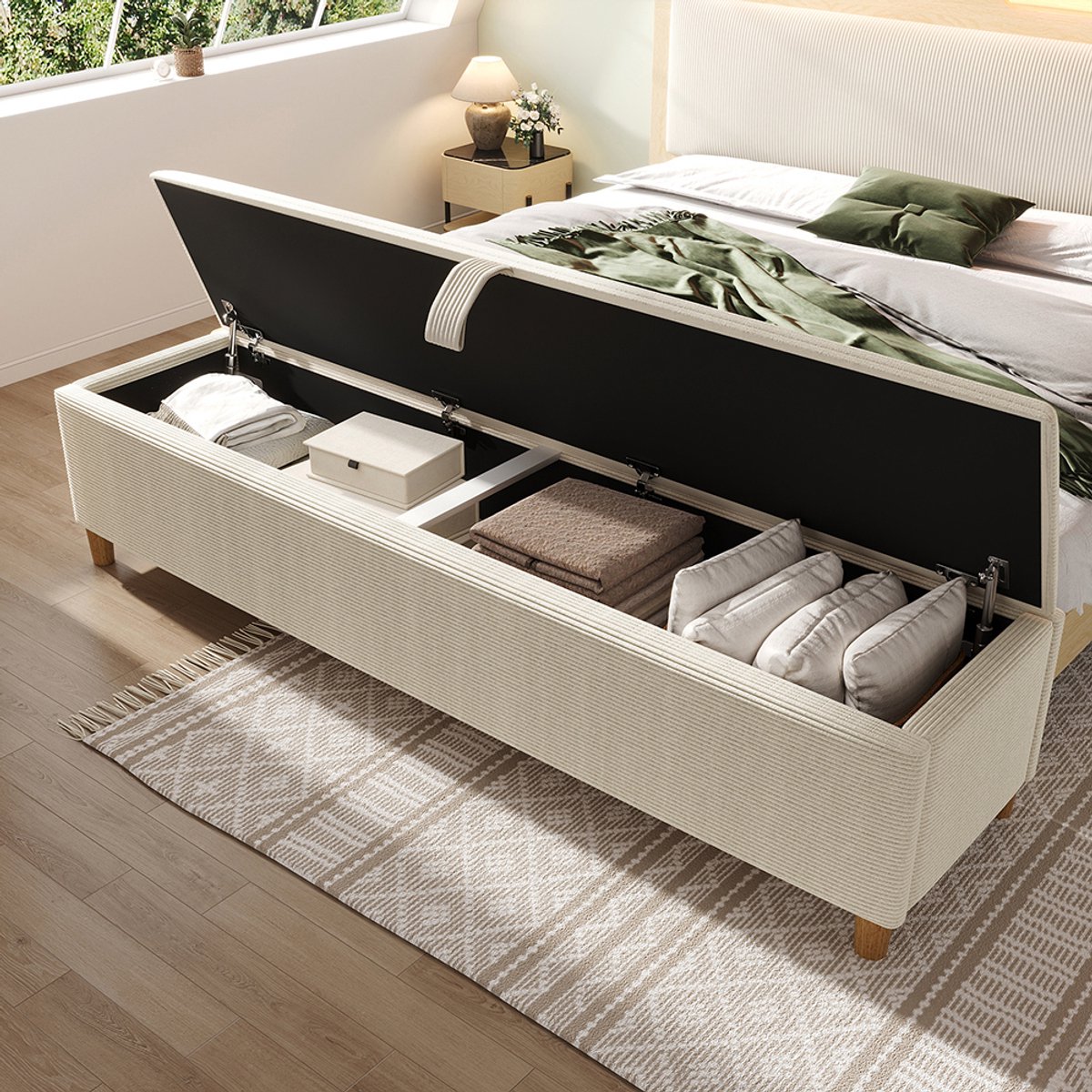 Pugsdrly Opbergbank als Bedbank Voeteneindbank met Hydraulische Opbergruimte 175x38 cm Gestoffeerd Beige Corduroy-look voor Slaapkamer Woonkamer Hal