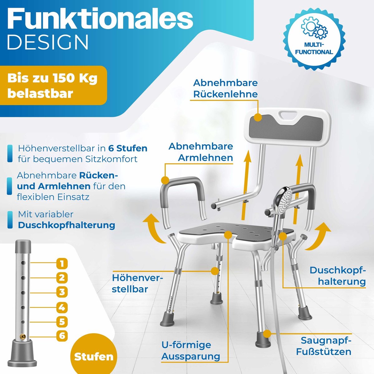 KESSER® Douchekruk met rugleuning, in 6 stappen in hoogte verstelbaar van 38-54