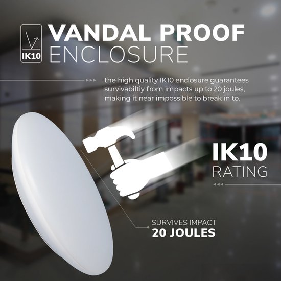 IK10 Vandaalbestendige armatuur die 20 joules impact overleeft. Wit, rond, plat ontwerp met hamer-icoon.