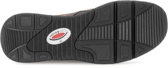 Zool van de zwarte sneaker met 'rolling soft' logo.