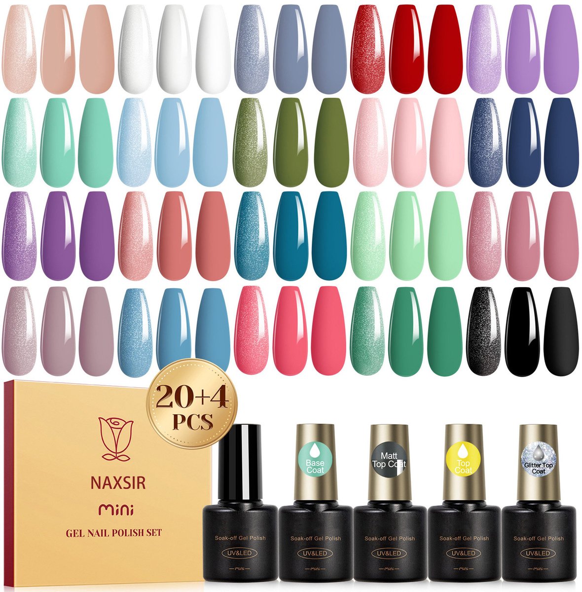 NAXSIR UV-Gel Nagellak Set 24 Delig - 20 Kleuren + 4 Topcoats (Mat, Glans & Glitter) - Professionele Nail Art Kit - Sneldrogend & Tot 21 Dagen Houdbaar