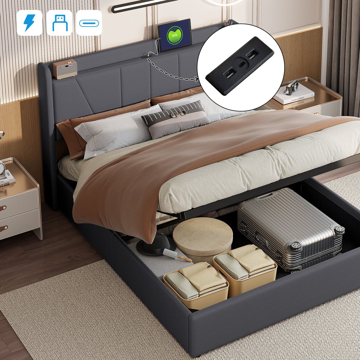 Gestoffeerd bed 140x200 cm, in hoogte verstelbaar hoofdeinde met USB & Type C. Opbergbed met laden, tweepersoonsbed met lattenbodem. Bed voor volwassenen of tieners. Teddy fluweel, zonder matras