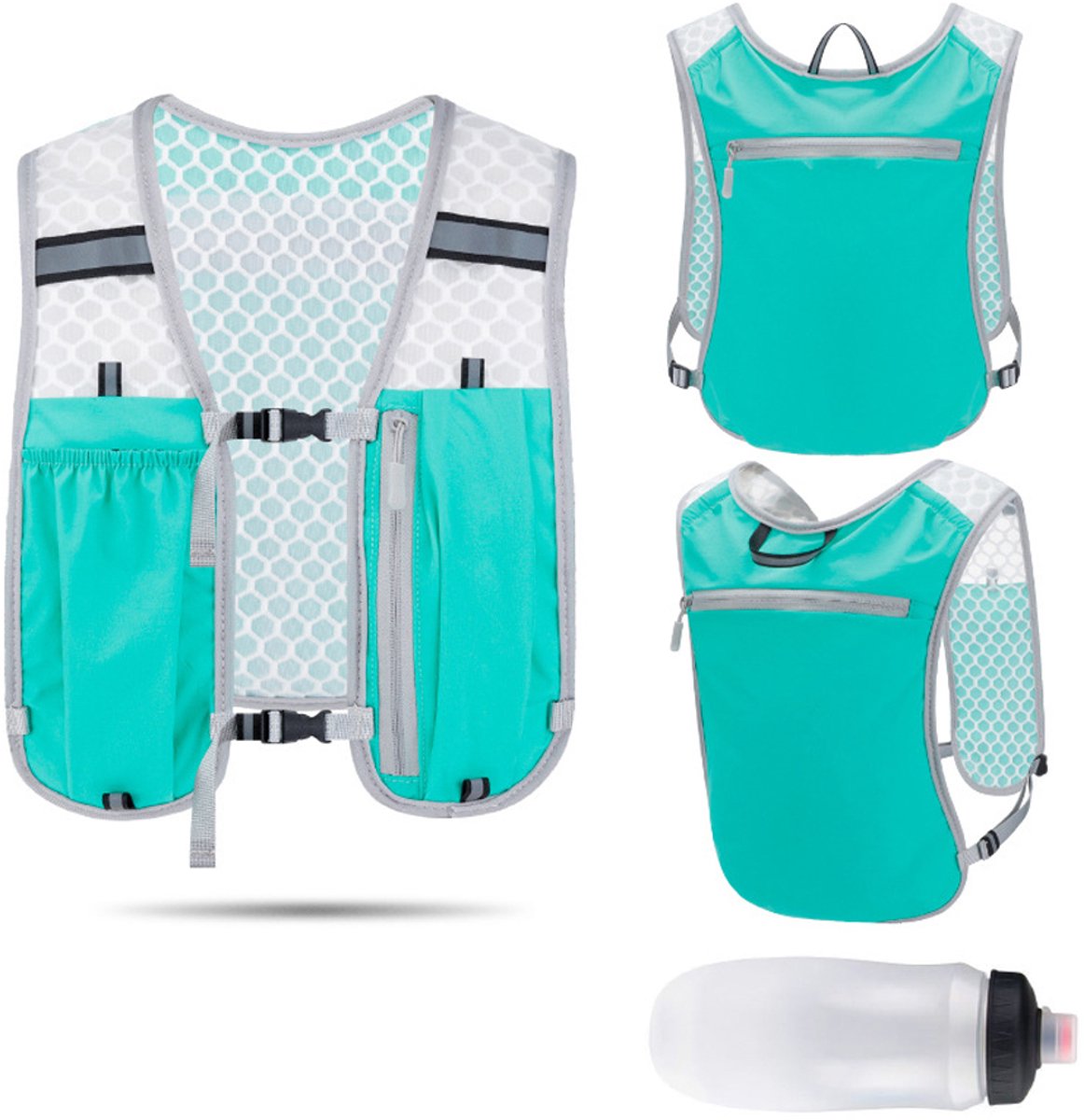 Hardloop-hydratatievest, lichtgewicht rugzak, stabiele borstuitrusting met blaas en telefoonhouder voor vrouwen, Heren,met reflecterende strepen, marathons, trails, fietsen, buitenavonturen(1 * hemelsblauw vest, 1 * waterfles) - Cyslmuk®